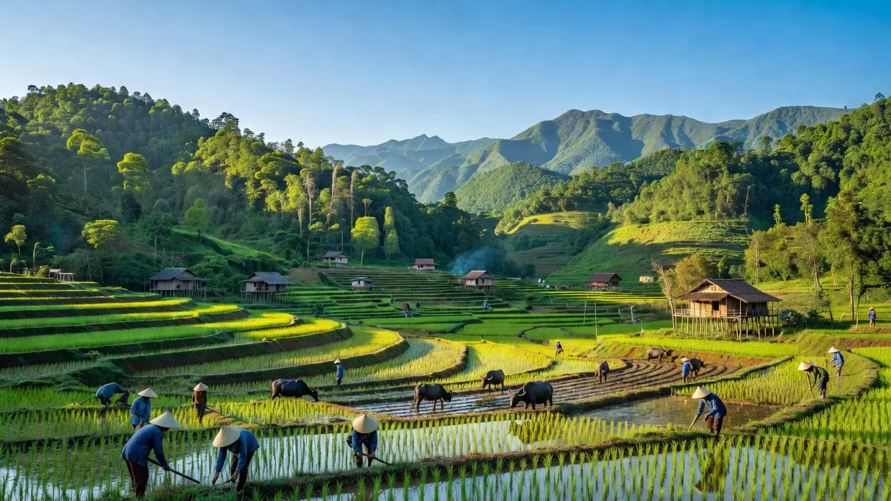 Khung cảnh nông thôn xã Bính Xá, huyện Đình Lập, tỉnh Lạng Sơn với đồi núi và rừng xanh.