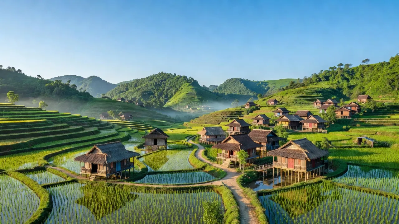 Khung cảnh đẹp Xã Châu Sơn, huyện Đình Lập, tỉnh Lạng Sơn với đồi núi và nhà truyền thống.