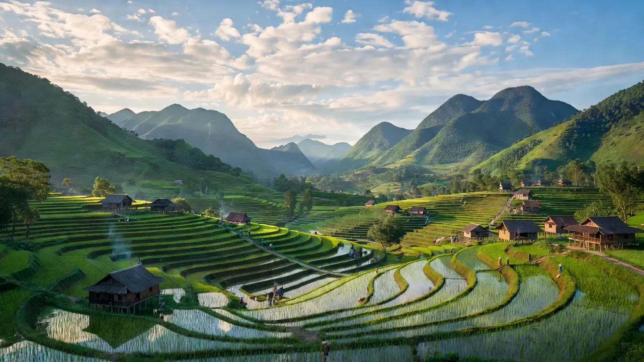 Cường Lợi, Đình Lập, Lạng Sơn: A serene mountainous landscape with terraced fields and traditional homes.