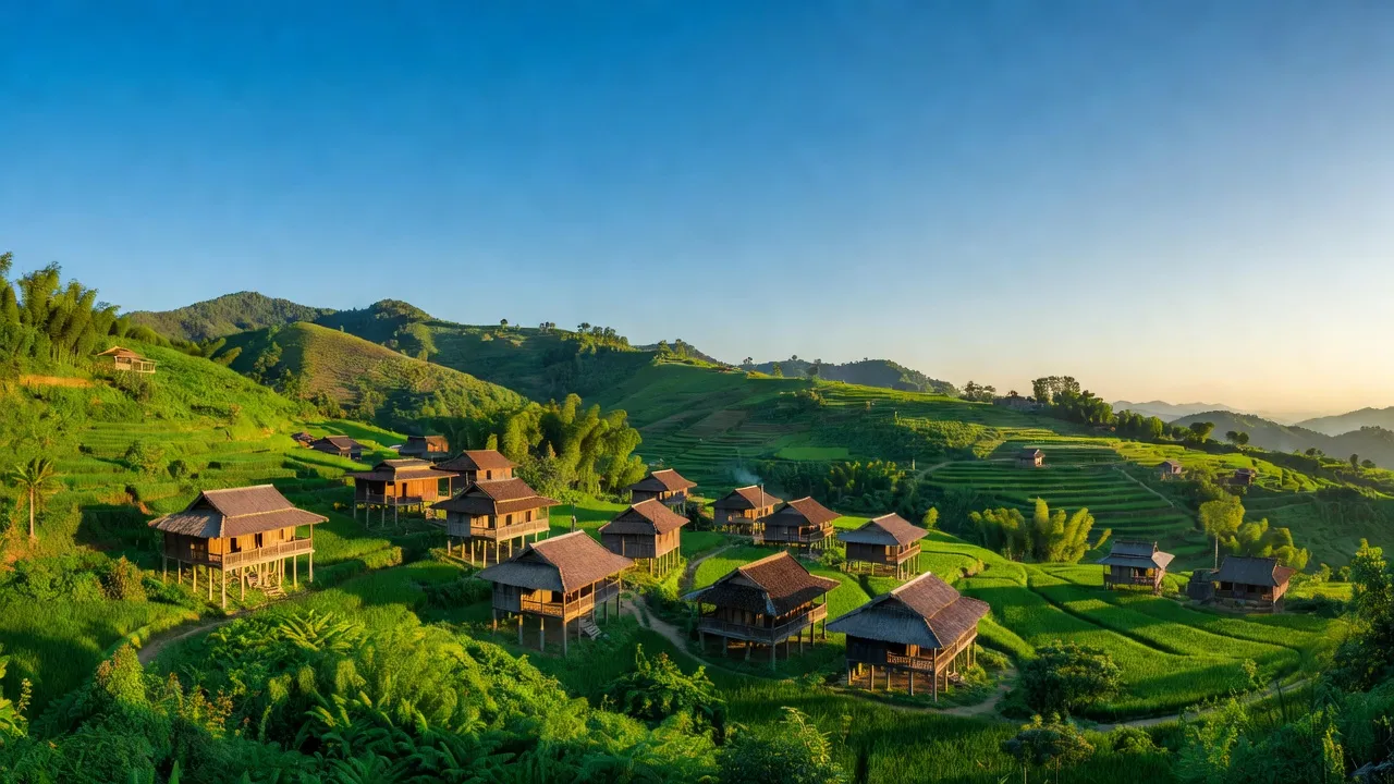 Phong cảnh xã Cường Lợi, huyện Đình Lập, tỉnh Lạng Sơn với đồi núi xanh tươi và nhà sàn truyền thống.