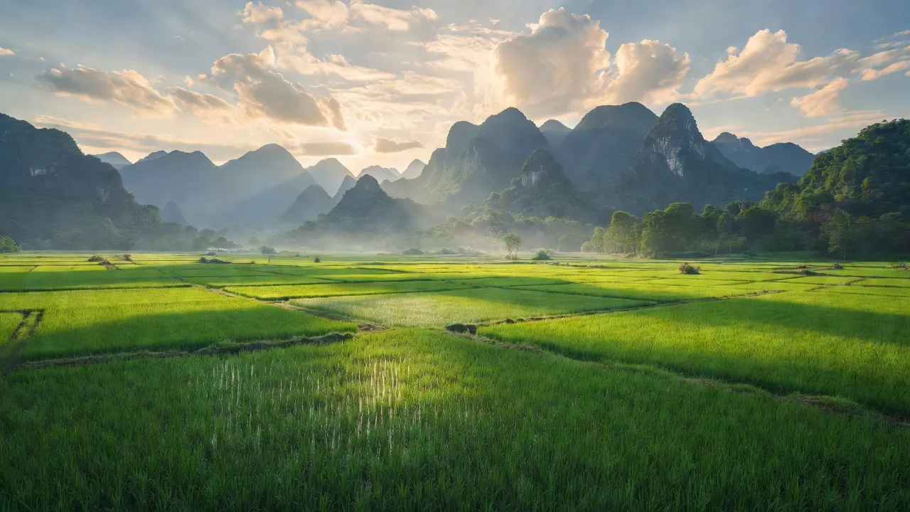 Xã Đồng Thắng, huyện Đình Lập, Lạng Sơn với cánh đồng xanh và núi non hùng vĩ.