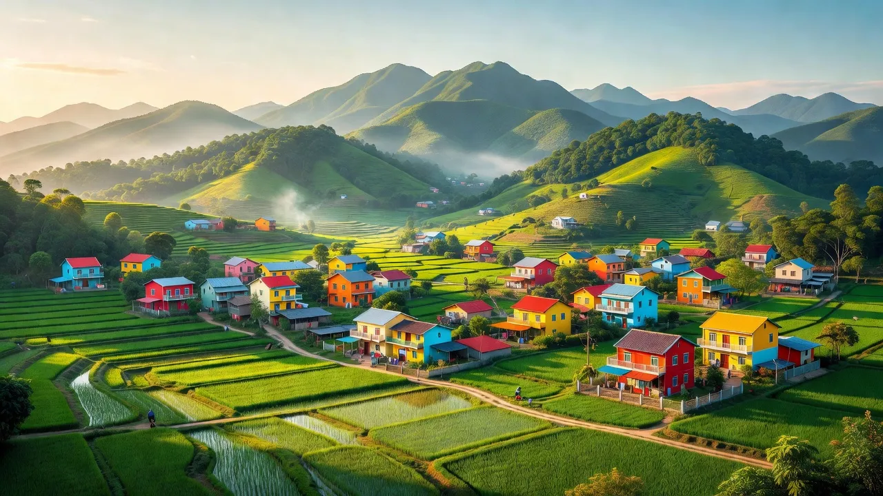 Thị trấn Nông trường Thái Bình, Đình Lập, Lạng Sơn với núi non, nhà cửa và cánh đồng xanh.