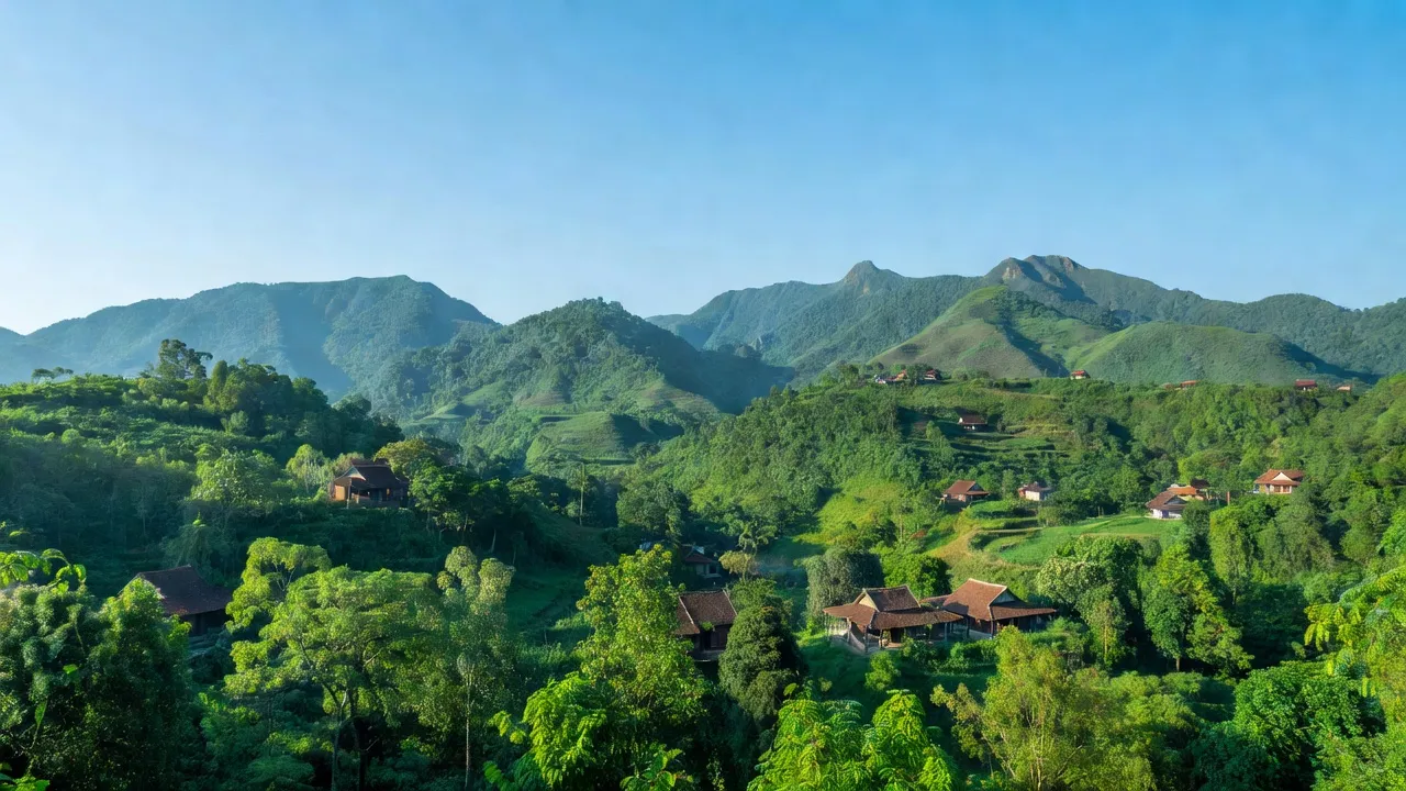 Khung cảnh thiên nhiên tại xã Thái Bình, huyện Đình Lập, Lạng Sơn với đồi núi xanh và nhà truyền thống.