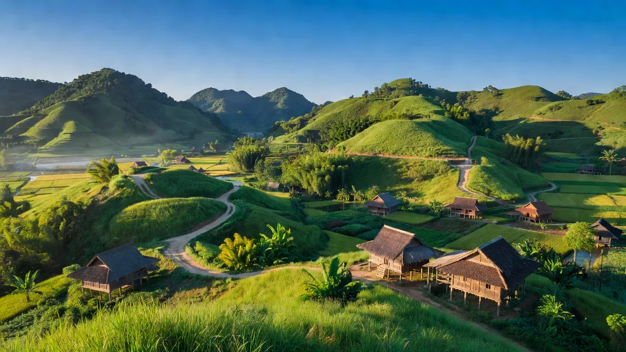 Huyện Hữu Lũng, Lạng Sơn với cảnh đẹp núi đồi và nhà truyền thống Việt Nam.
