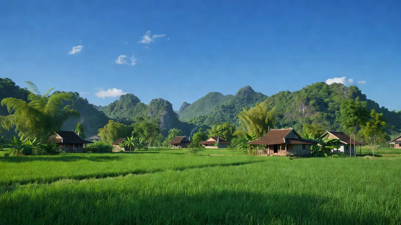 Cảnh đẹp xã Cai Kinh, Hữu Lũng, Lạng Sơn với cánh đồng xanh và đồi núi hùng vĩ.