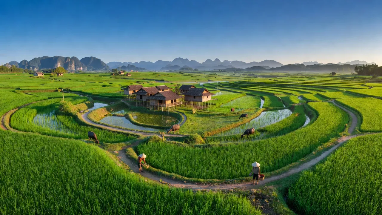 Cảnh đẹp xã Cai Kinh, huyện Hữu Lũng, tỉnh Lạng Sơn với cánh đồng xanh tươi và bầu trời trong sáng.