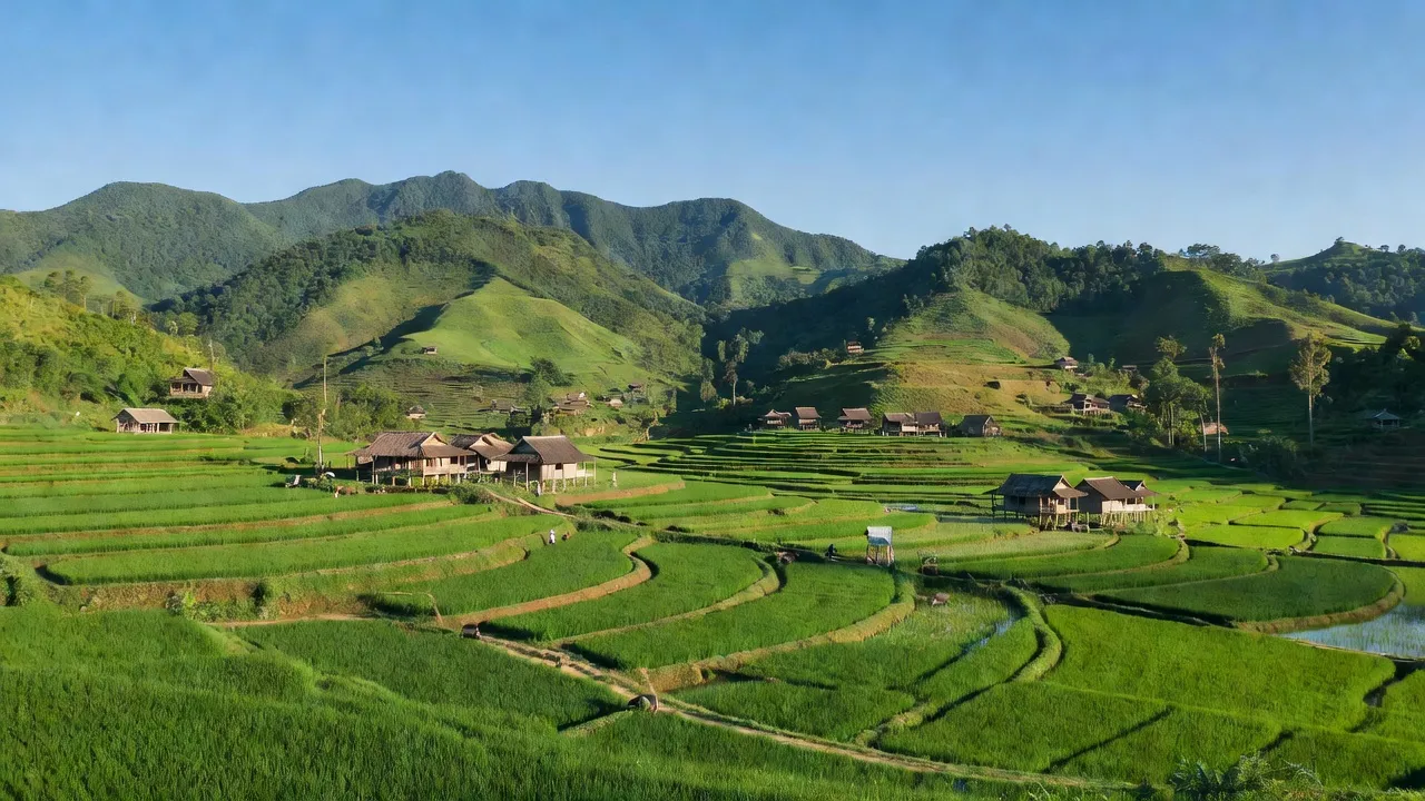 Khung cảnh Xã Đồng Tiến huyện Hữu Lũng, Lạng Sơn với núi xanh và ruộng bậc thang.