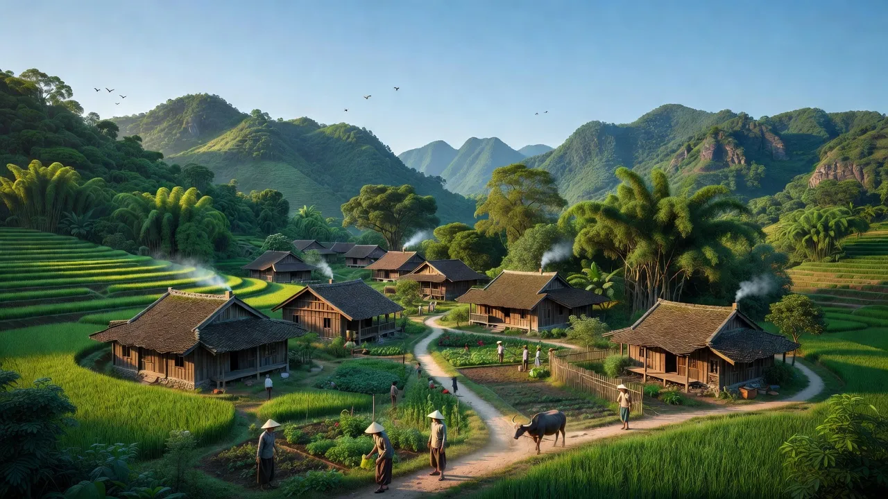 Khung cảnh đẹp tại xã Hồ Sơn, Huyện Hữu Lũng, Lạng Sơn với nhà truyền thống và núi non xanh tươi.