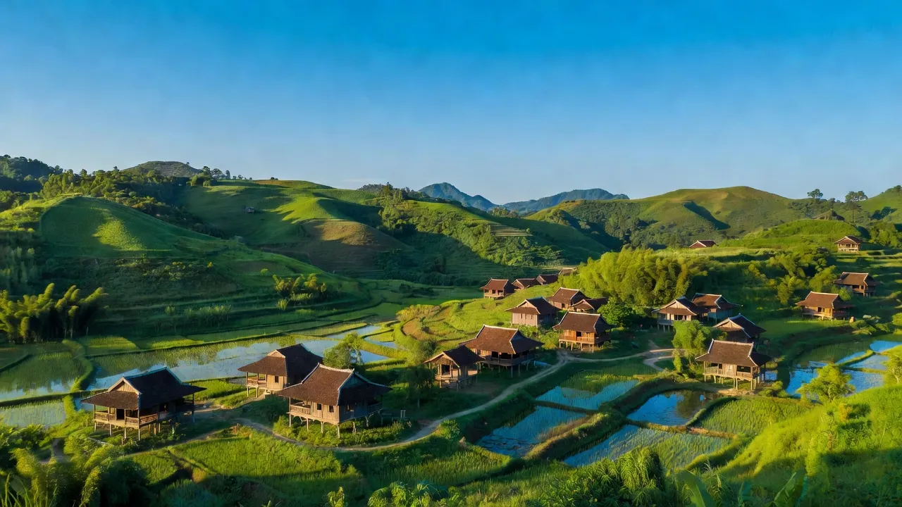 Khung cảnh Xã Hòa Bình, Huyện Hữu Lũng, tỉnh Lạng Sơn với những ngọn đồi xanh và nhà truyền thống.