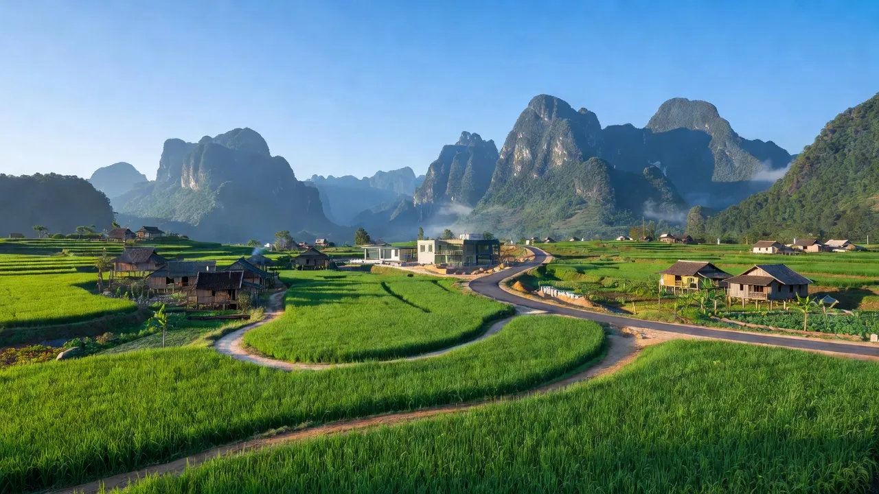 Cảnh quan xã Hòa Lạc, huyện Hữu Lũng, Lạng Sơn với cánh đồng và núi non hùng vĩ.
