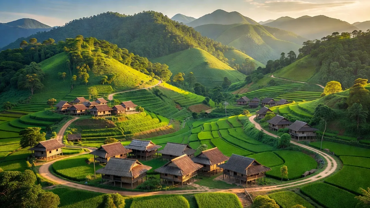 Khung cảnh tươi đẹp tại xã Hòa Sơn, huyện Hữu Lũng, tỉnh Lạng Sơn, với núi xanh và nhà truyền thống.