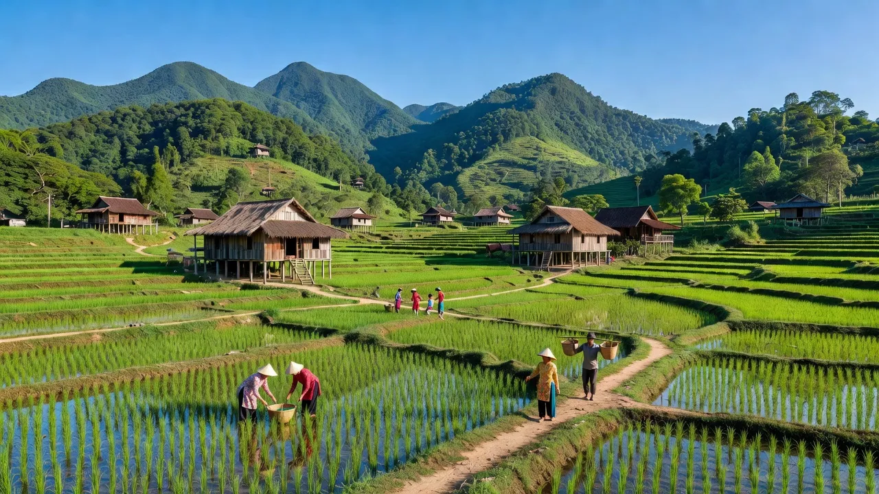 Toàn cảnh xã Hòa Sơn, huyện Hữu Lũng, Lạng Sơn với núi xanh và nhà sàn truyền thống.