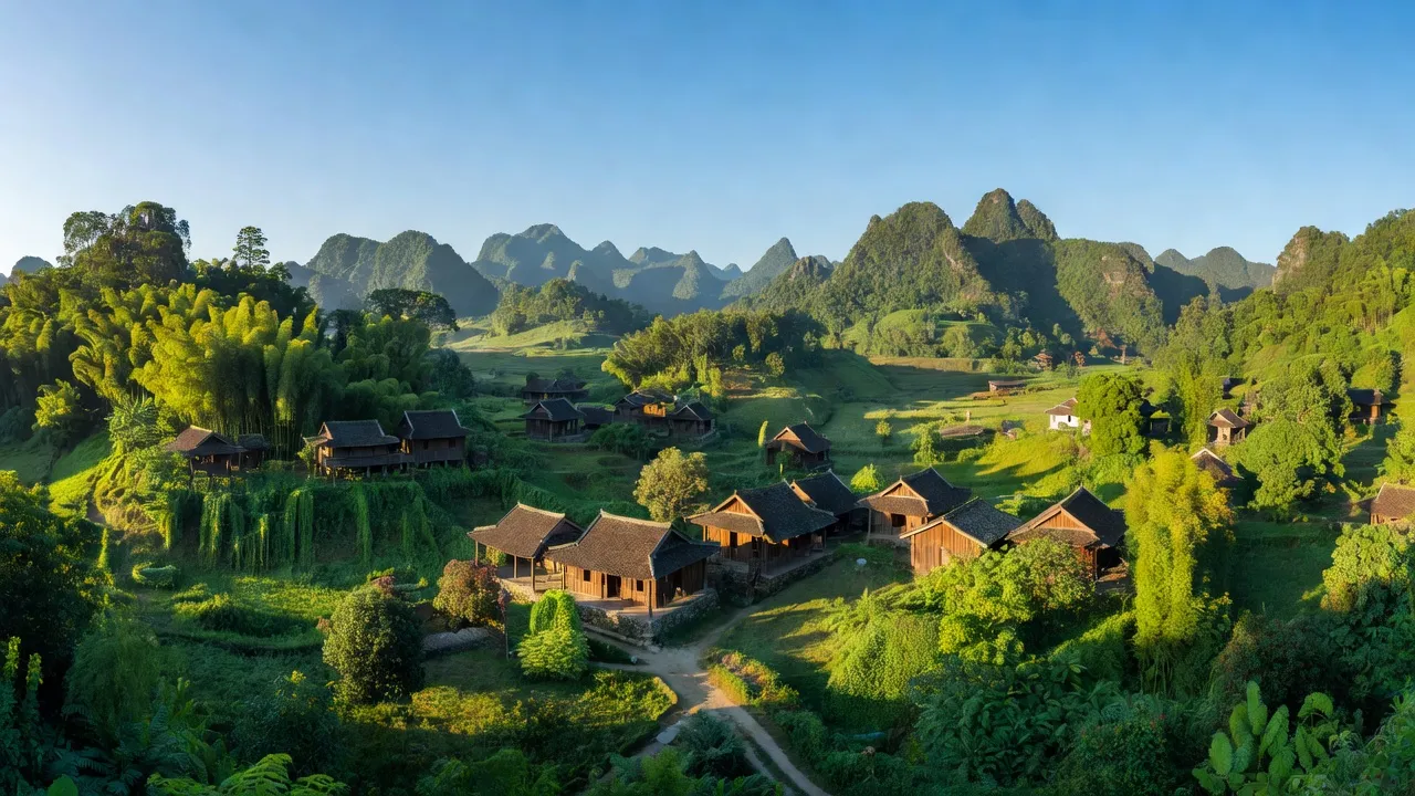 Khung cảnh xã Hòa Thắng, huyện Hữu Lũng, Lạng Sơn với núi non và nhà truyền thống.