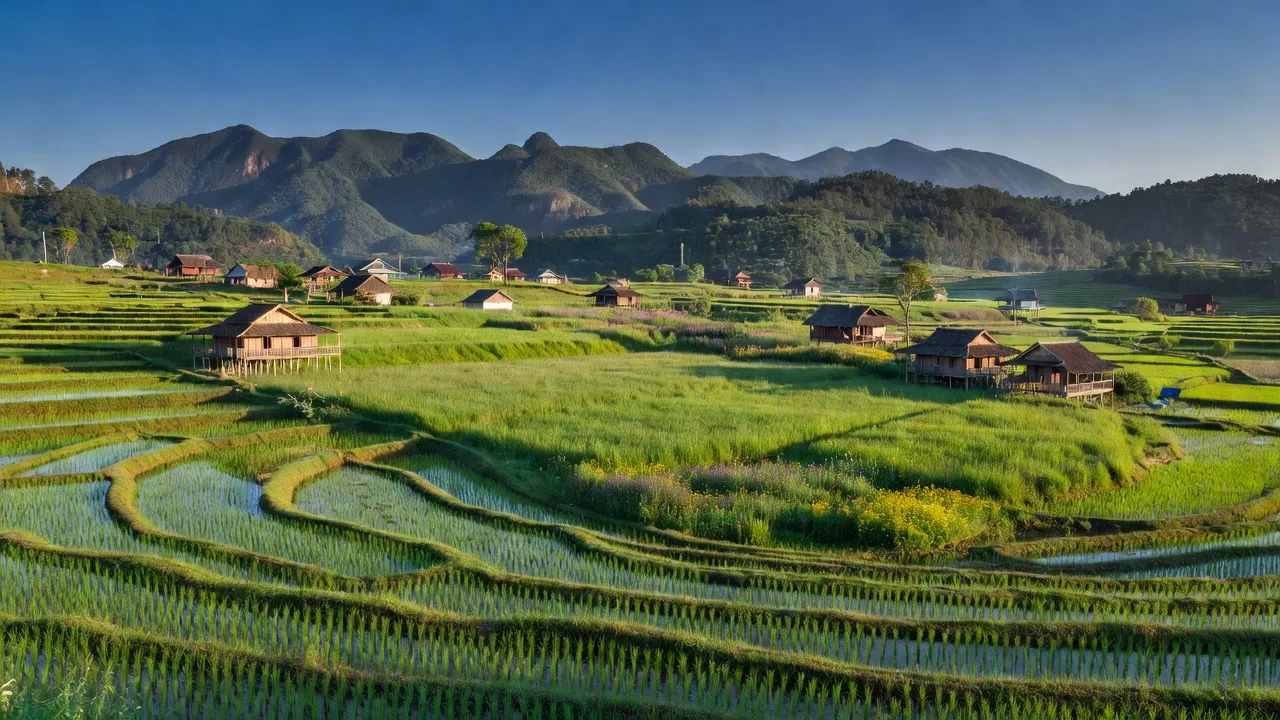 Cảnh quan xã Hữu Liên, Huyện Hữu Lũng, tỉnh Lạng Sơn với ruộng bậc thang và thiên nhiên tươi đẹp.