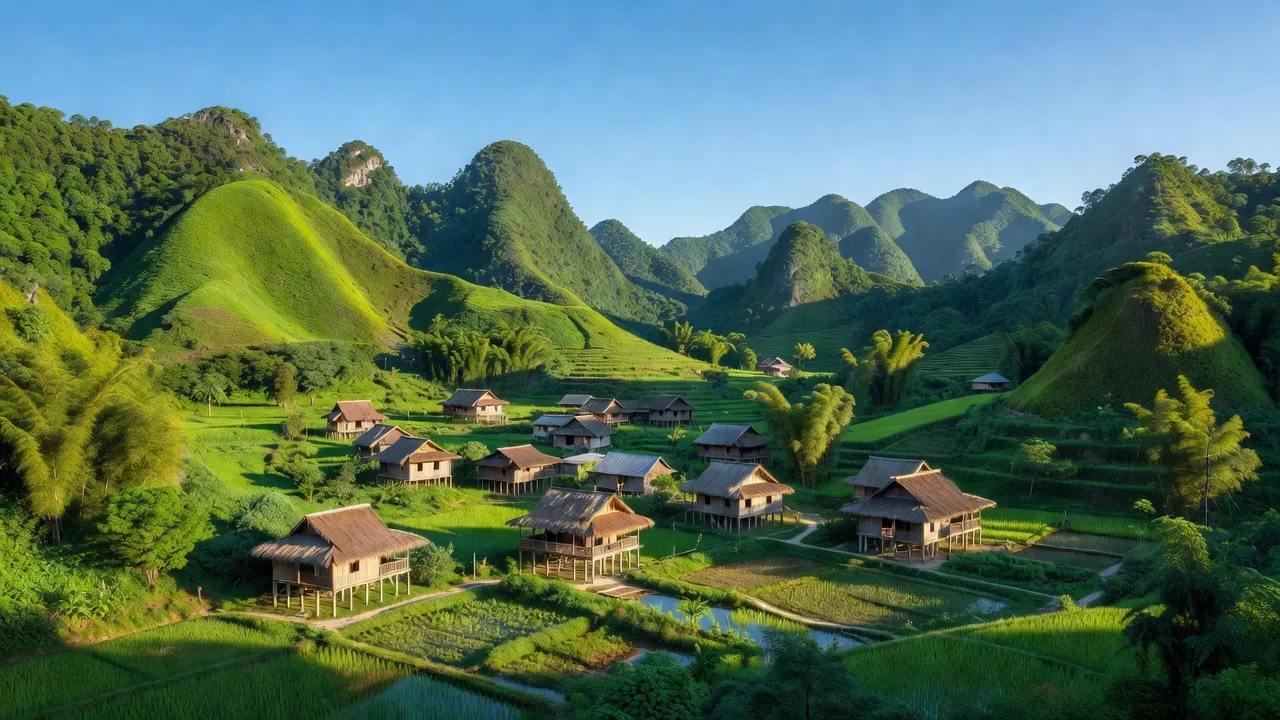 Khung cảnh bình yên của xã Minh Hòa, huyện Hữu Lũng, tỉnh Lạng Sơn với đồi núi và nhà truyền thống.