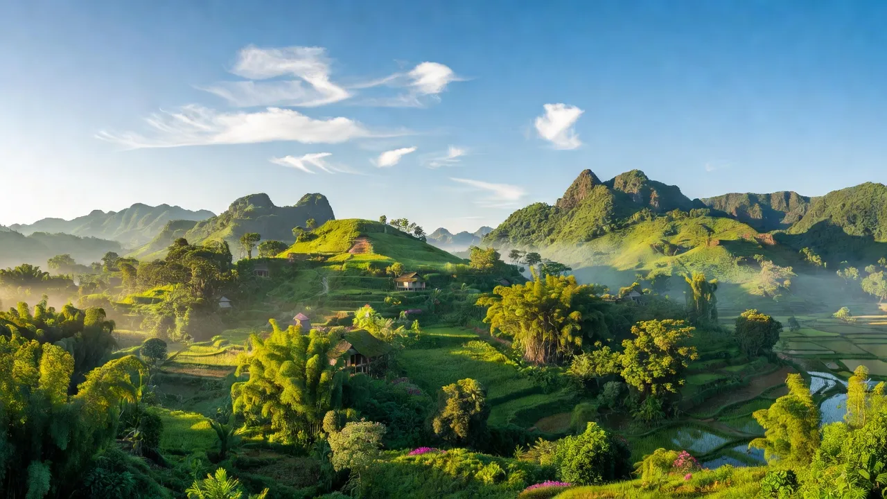 Phong cảnh xã Minh Hòa, huyện Hữu Lũng, tỉnh Lạng Sơn với đồi núi xanh tươi, bầu trời trong sáng.