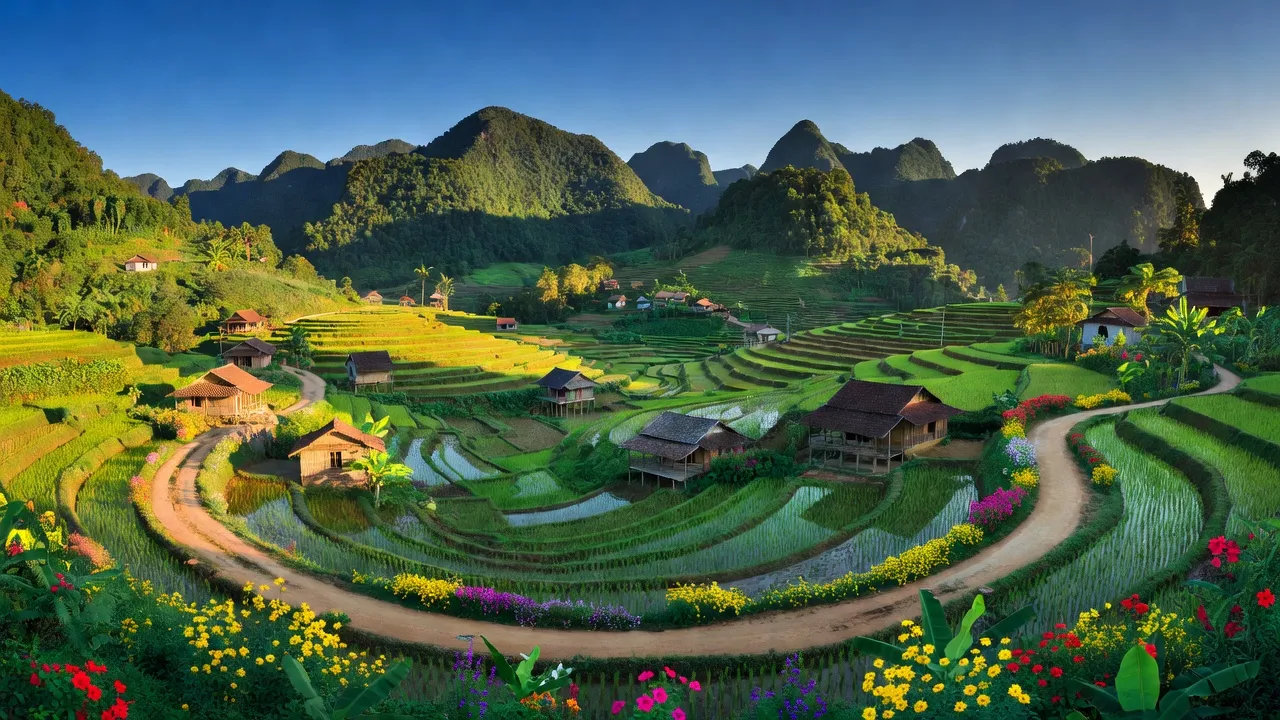 Cảnh làng Minh Sơn ở huyện Hữu Lũng, tỉnh Lạng Sơn, với núi xanh và ruộng bậc thang.