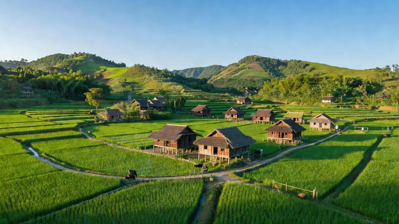 Quang cảnh xã Minh Sơn, huyện Hữu Lũng, tỉnh Lạng Sơn với cánh đồng xanh mướt và nhà truyền thống.