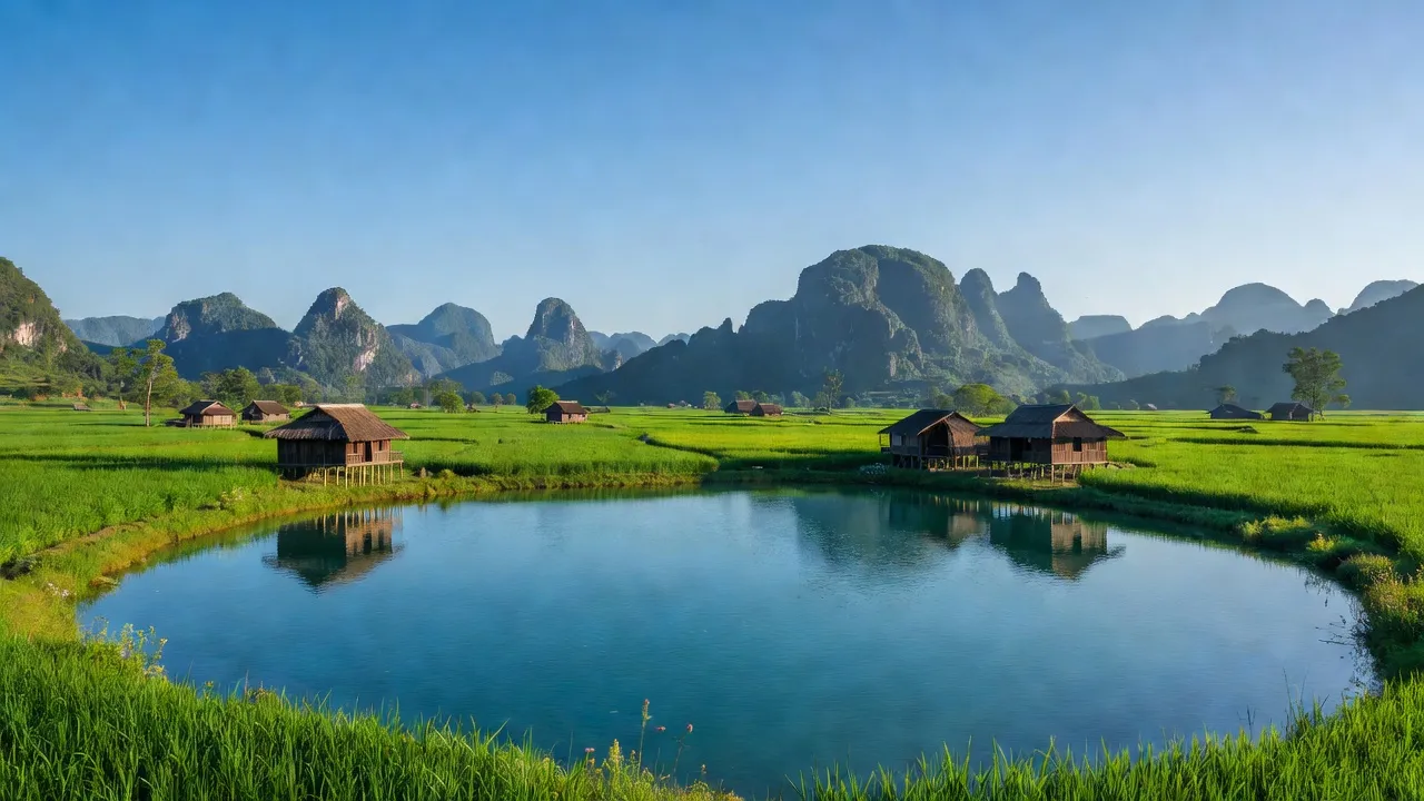 Khung cảnh thiên nhiên xã Minh Tiến, huyện Hữu Lũng, Lạng Sơn với núi non và hồ nước.