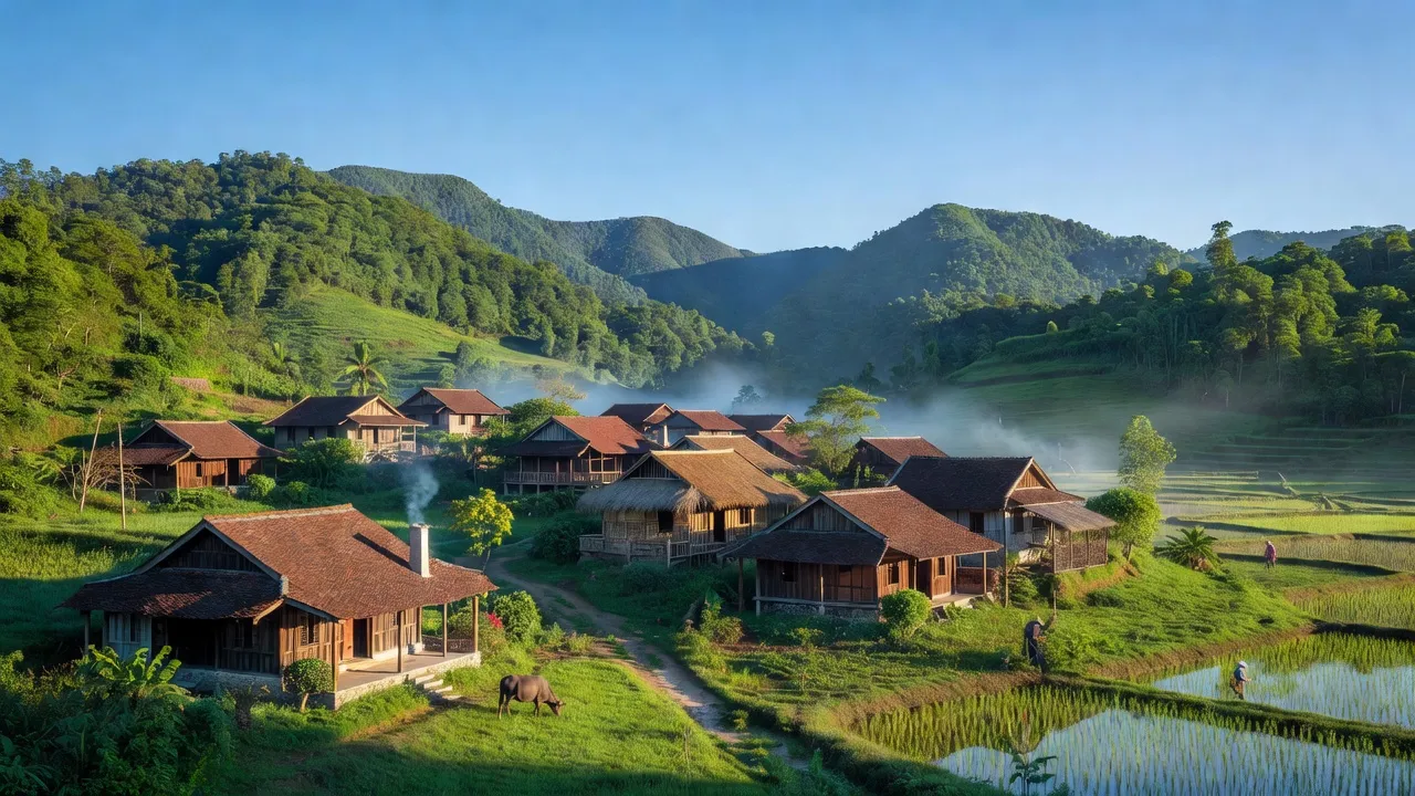 Cảnh đẹp xã Nhật Tiến, huyện Hữu Lũng, tỉnh Lạng Sơn với núi xanh và cuộc sống nông thôn yên bình.