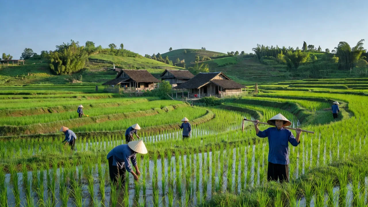 Khung cảnh yên bình ở xã Nhật Tiến, huyện Hữu Lũng, tỉnh Lạng Sơn, Việt Nam với núi và ruộng bậc thang.