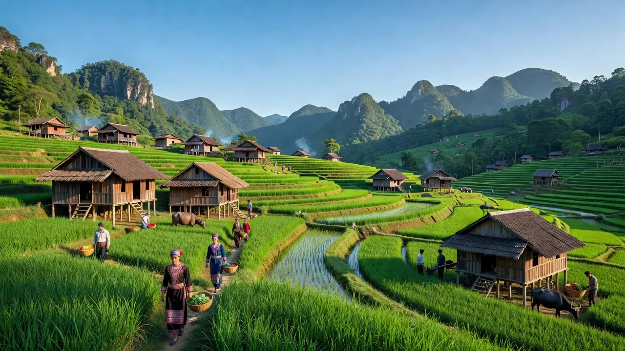 Khung cảnh xã Quyết Thắng, huyện Hữu Lũng, Lạng Sơn với đồng lúa xanh tươi và nhà sàn truyền thống.