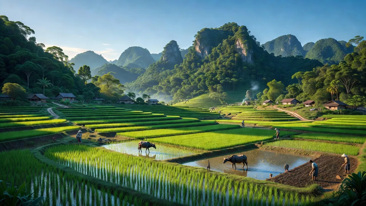 Cảnh đẹp xã Tân Thành, huyện Hữu Lũng, Lạng Sơn với cánh đồng xanh và núi rừng bao quanh.