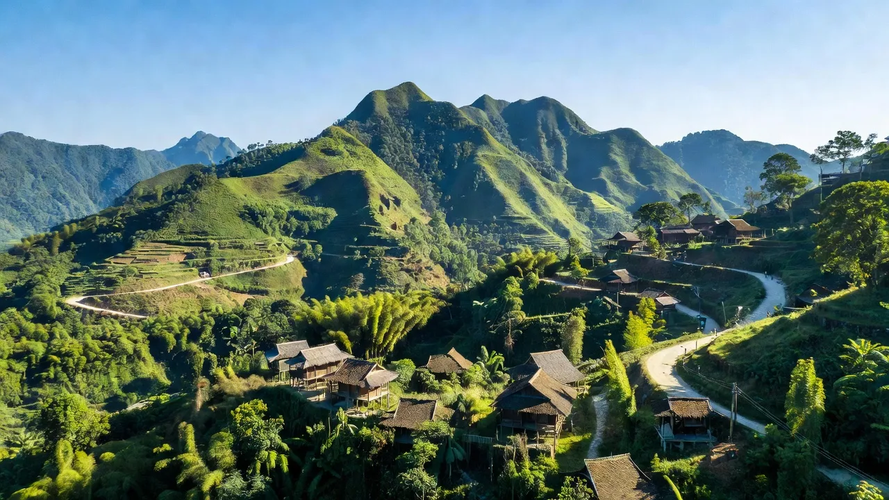 Khung cảnh xã Thanh Sơn, huyện Hữu Lũng, tỉnh Lạng Sơn với núi xanh và nhà truyền thống.
