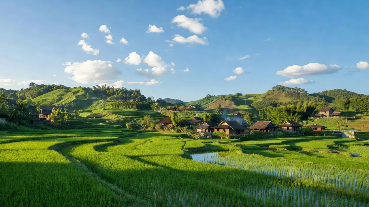 Cảnh quan xã Thiện Tân, huyện Hữu Lũng, Lạng Sơn với cánh đồng xanh, nhà gỗ và bầu trời trong xanh.