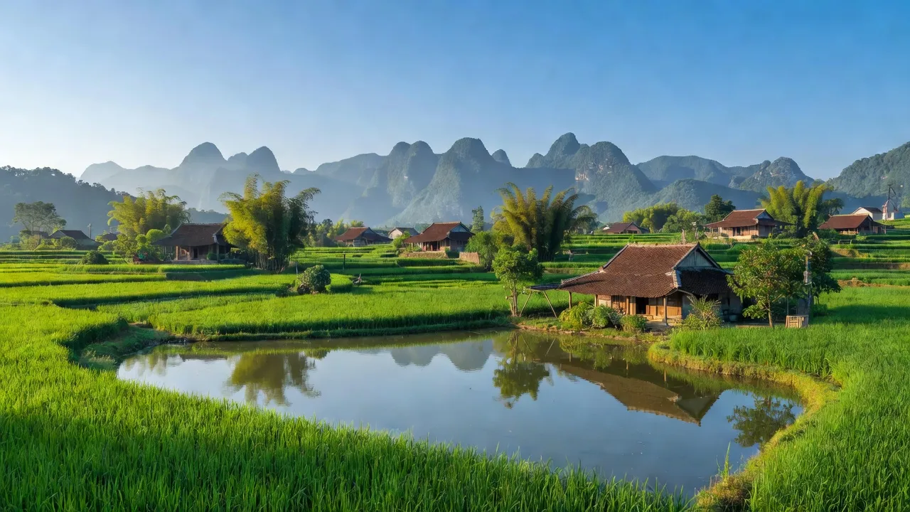 Cảnh sắc xã Thiện Tân, huyện Hữu Lũng, Lạng Sơn với đồng xanh, nhà truyền thống và núi xa.