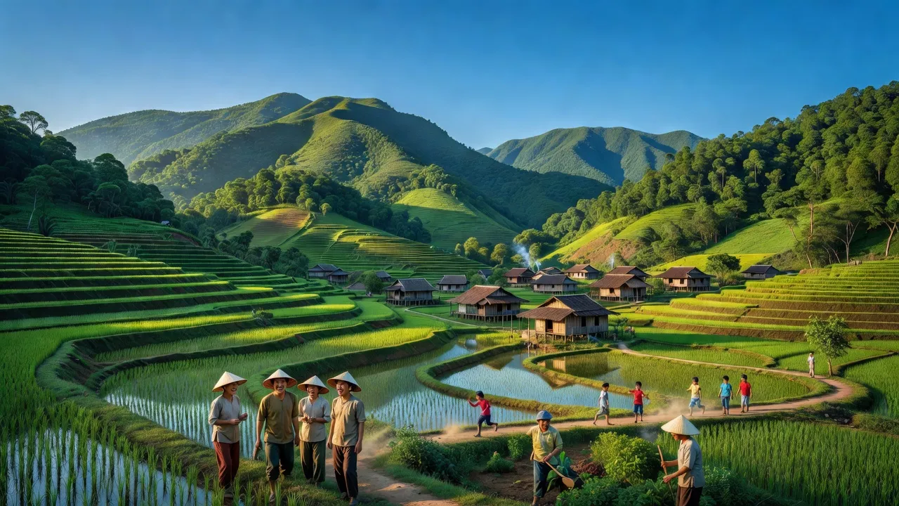 Khung cảnh hữu tình Xã Vân Nham, Huyện Hữu Lũng, Lạng Sơn với núi non xanh và cánh đồng.