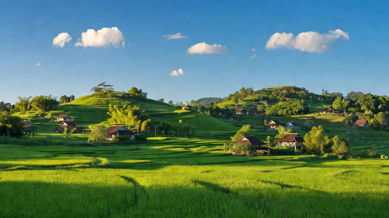 Cảnh quan tuyệt đẹp của xã Yên Bình, Huyện Hữu Lũng, tỉnh Lạng Sơn với cánh đồng xanh và ngôi nhà truyền thống.