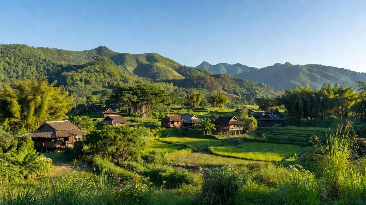 Khung cảnh xanh tươi của xã Yên Sơn, huyện Hữu Lũng, tỉnh Lạng Sơn, với núi non và bản làng truyền thống.