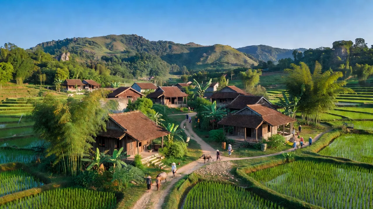 Cảnh thiên nhiên xã Yên Thịnh, huyện Hữu Lũng, tỉnh Lạng Sơn với nhà truyền thống và đồi xanh.