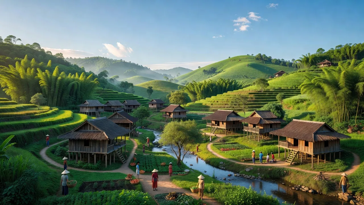 Khung cảnh làng Yên Thịnh, huyện Hữu Lũng, tỉnh Lạng Sơn, với thiên nhiên xanh tươi và nhà truyền thống.