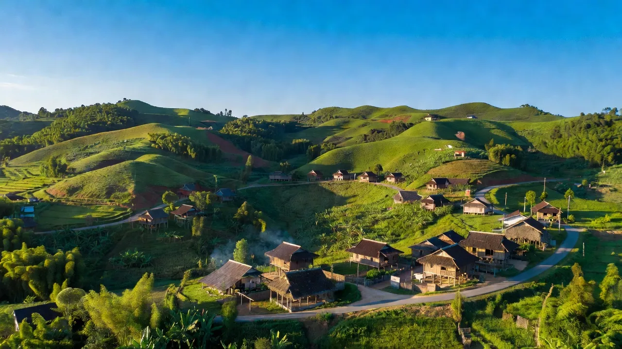 Bức tranh phong cảnh xã Yên Vượng, huyện Hữu Lũng, tỉnh Lạng Sơn với đồi núi và trời xanh.