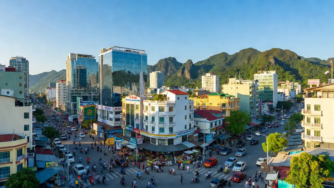 Quang cảnh thành phố Lạng Sơn với các tòa nhà hiện đại và đồi xanh, trung tâm hành chính tỉnh Lạng Sơn.