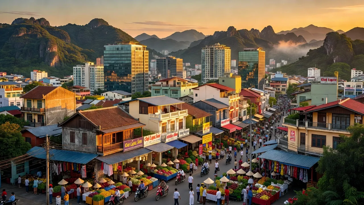 Thành phố Lạng Sơn với kiến trúc hiện đại và cảnh quan thiên nhiên xung quanh, cửa ngõ kết nối Việt Nam và Trung Quốc.