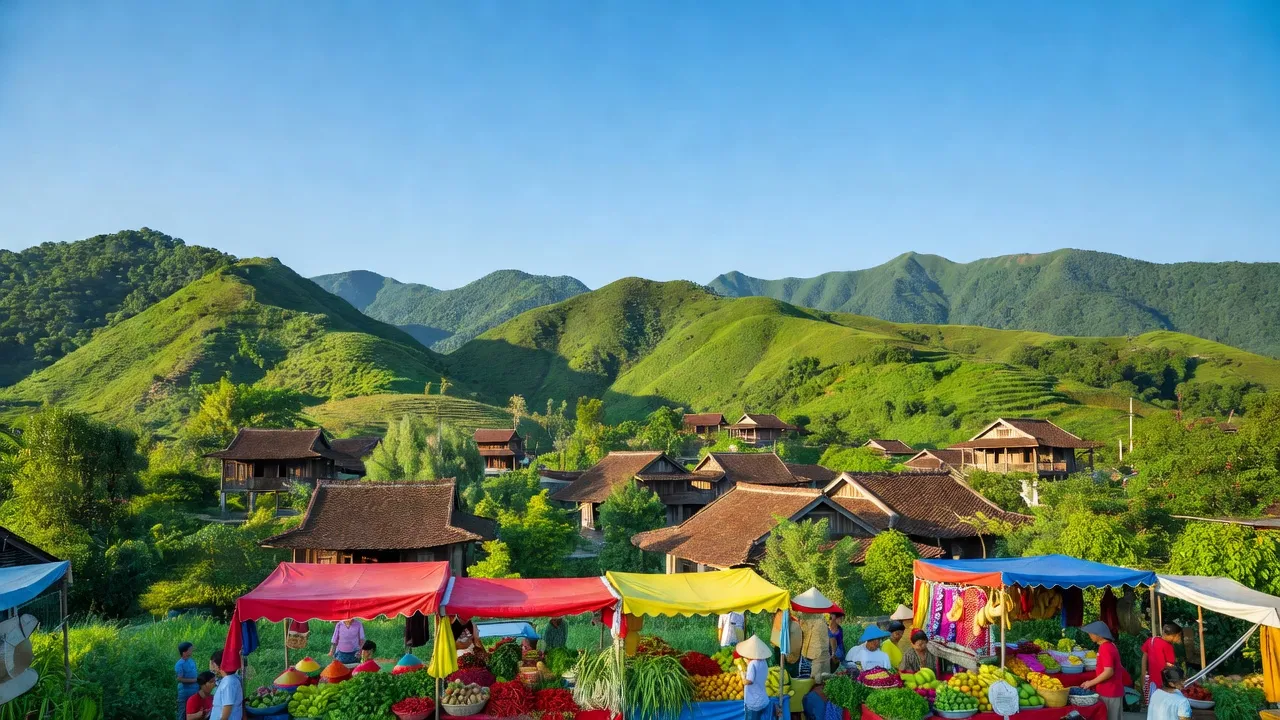 Khung cảnh huyện Lộc Bình, tỉnh Lạng Sơn, với núi xanh, nhà truyền thống và chợ sôi động.