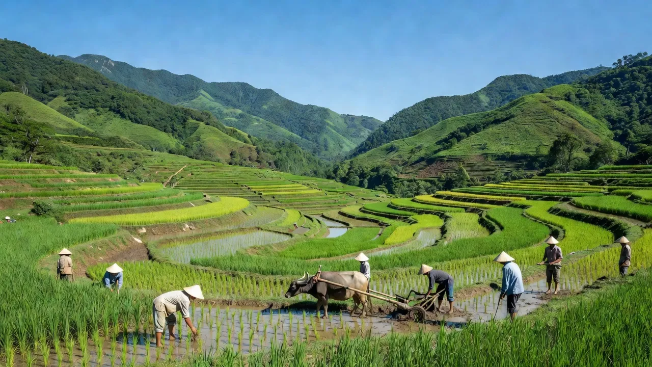 Quang cảnh vùng núi Xã Ái Quốc, huyện Lộc Bình, Lạng Sơn với hoạt động nông nghiệp truyền thống.