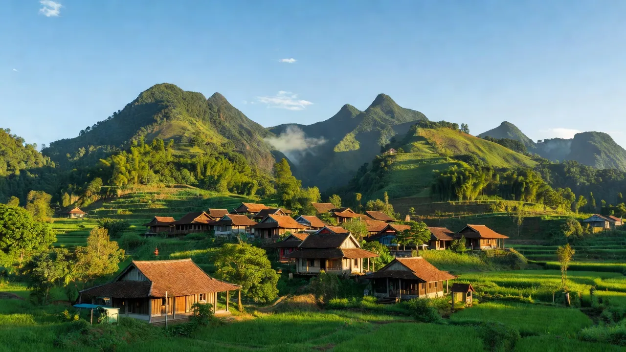 Khung cảnh xã Đông Quan, huyện Lộc Bình, tỉnh Lạng Sơn, với núi non xanh tươi và nhà truyền thống.