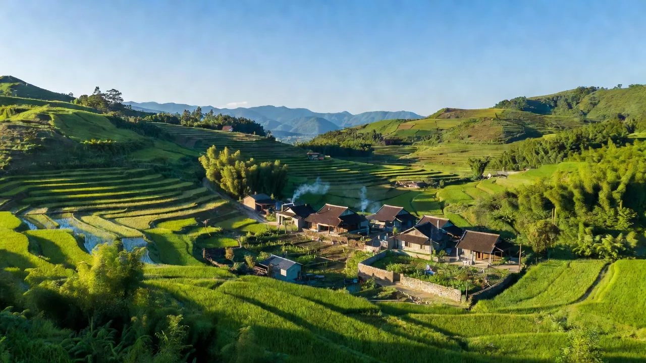 Phong cảnh yên bình tại xã Đông Quan, huyện Lộc Bình, tỉnh Lạng Sơn, với nhà cửa và đồi xanh quanh co.
