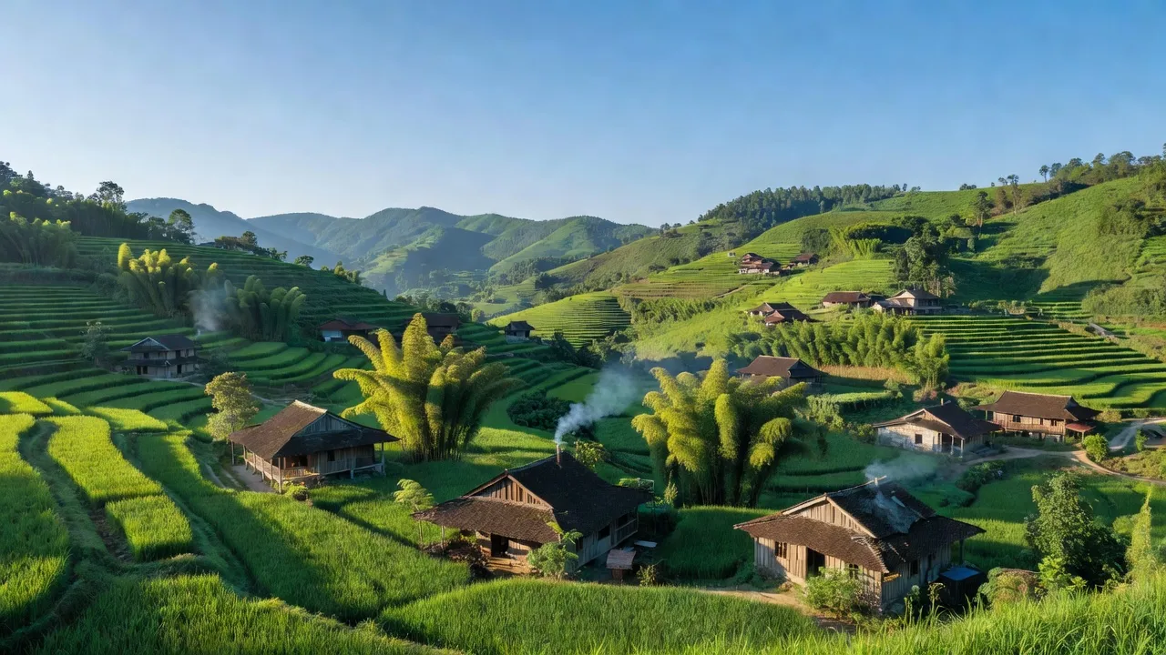 Toàn cảnh xã Hữu Khánh, huyện Lộc Bình, Lạng Sơn với núi non, cây cối xanh tươi.