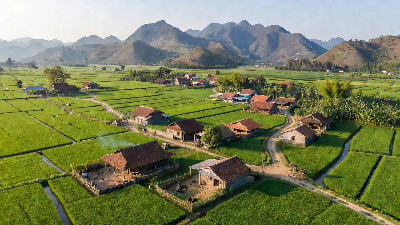 Khung cảnh xã Hữu Lân, huyện Lộc Bình, tỉnh Lạng Sơn với cánh đồng xanh mát và núi non hùng vĩ.