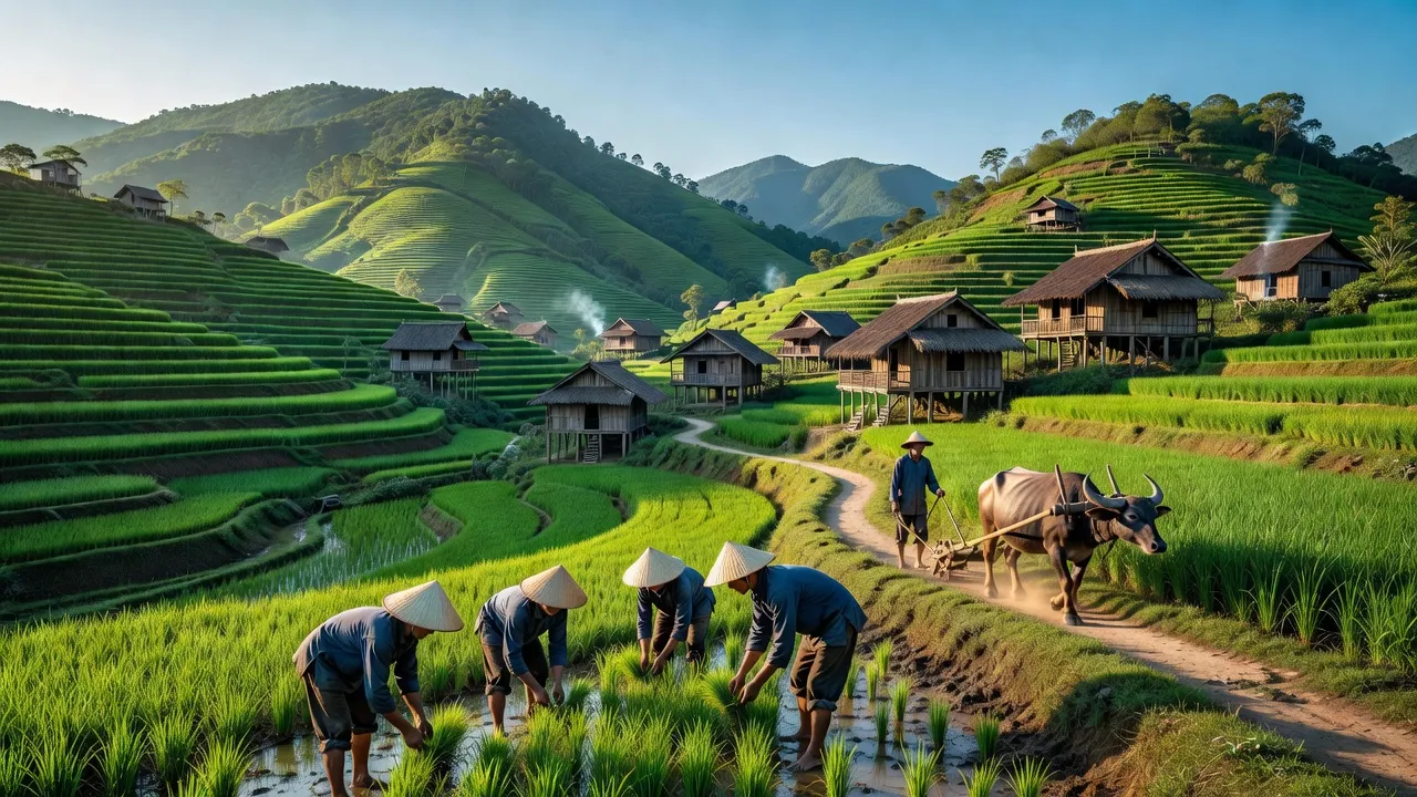 Cảnh quan núi non xã Khuất Xá, huyện Lộc Bình, tỉnh Lạng Sơn, với nhà truyền thống và nông dân làm ăn.