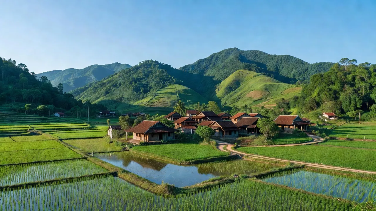 Khung cảnh xã Khuất Xá huyện Lộc Bình, Lạng Sơn với núi xanh và nhà truyền thống.