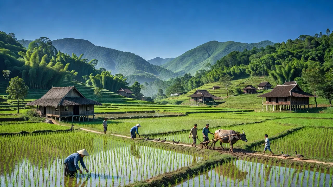 Khung cảnh thanh bình ở Xã Lợi Bác, huyện Lộc Bình, Lạng Sơn với núi non và ruộng bậc thang.