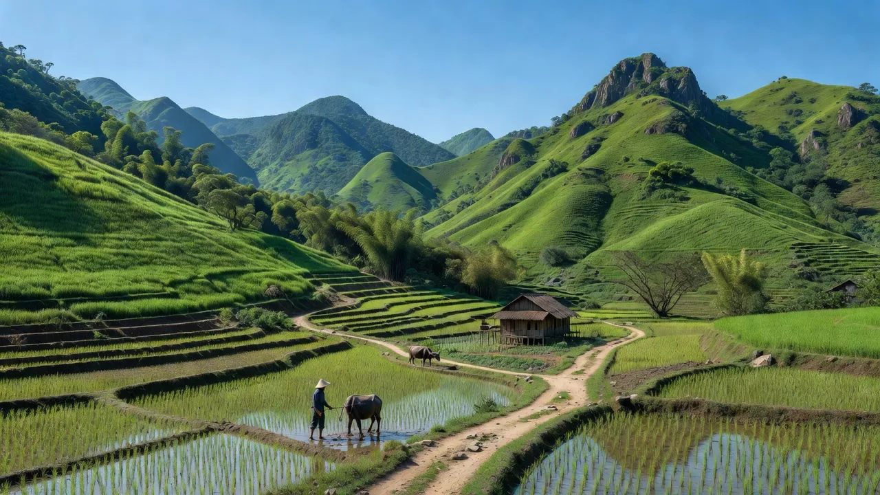 Cảnh quan đẹp ở xã Nam Quan, huyện Lộc Bình, tỉnh Lạng Sơn, với đồi núi và cuộc sống nông thôn.