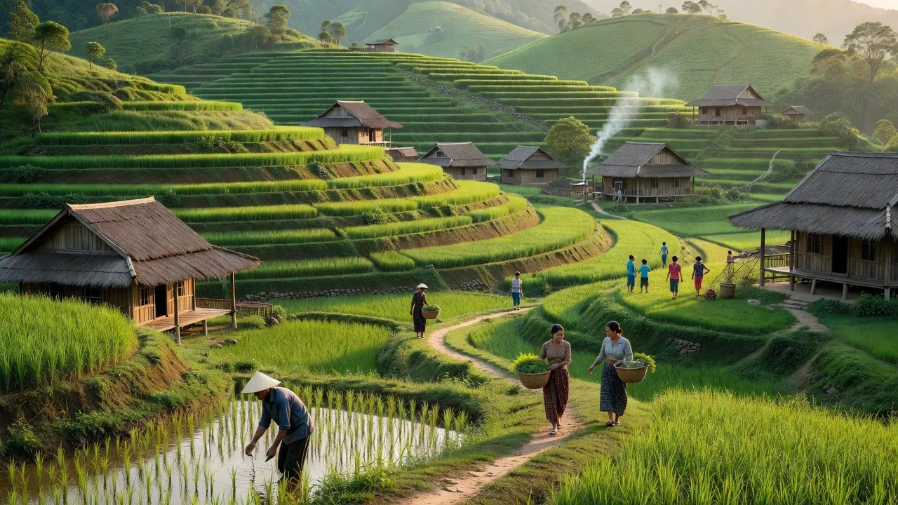 Cảnh quan yên bình xã Sàn Viên, Lộc Bình, Lạng Sơn với đồi núi và nhà truyền thống.