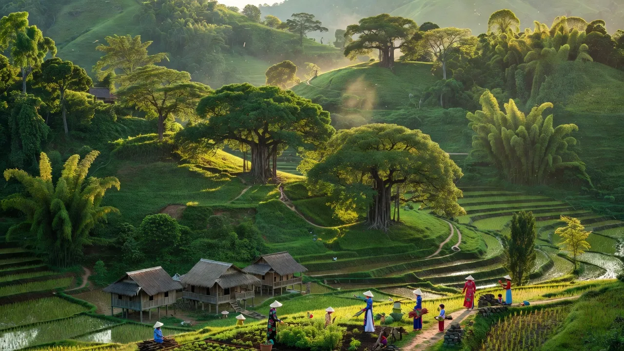 Phong cảnh xanh tươi của xã Thống Nhất, huyện Lộc Bình, tỉnh Lạng Sơn với đồi núi và cây cối.